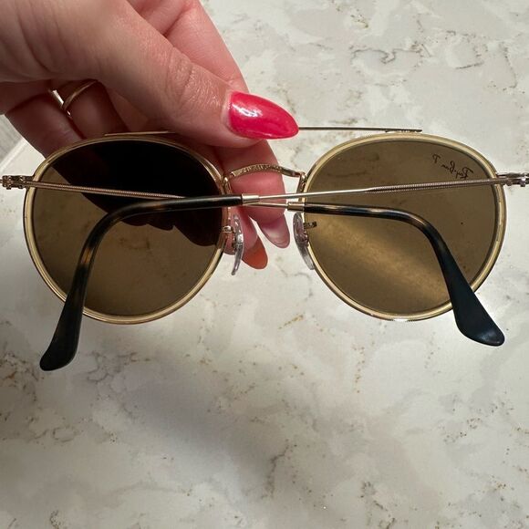 Ray-Ban Gold and Brown Round Double Bridge Polarized Sunglasses main image 4